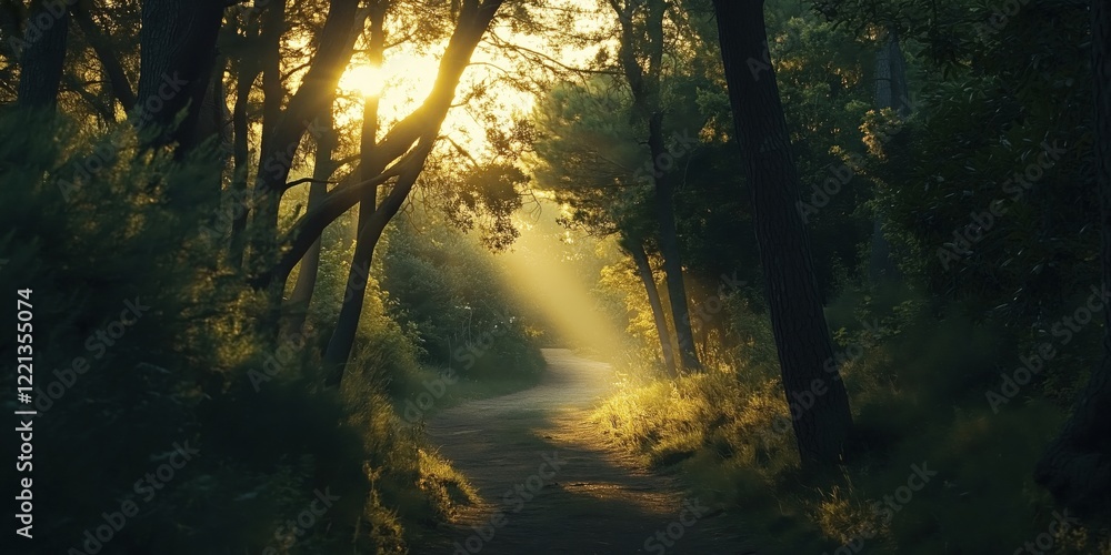 Poster sunlight streaming through trees illuminating winding path in serene forest setting