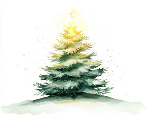 watercolor Christmas tree with glowing star on top, surrounded by soft colors and gentle splashes, evokes warm holiday spirit
