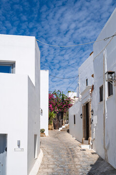 Beautiful pebbled street of Lindos, located on the island of Rhodes