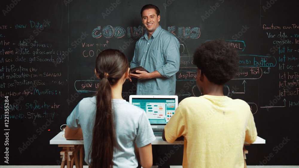 Poster caucasian teacher answering student question while holding tablet. caucasian girl pointing at blackb