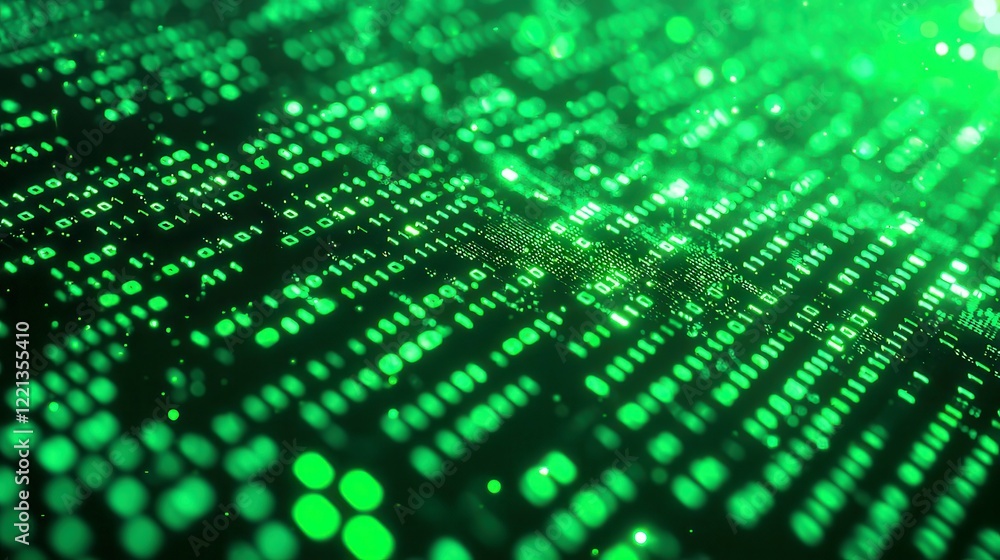 Poster cascading emerald code, an abstract digital matrix with flowing green symbols, creating a vibrant cy