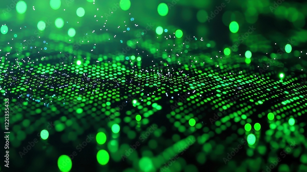 Poster cascading green code matrix, an abstract digital motion background filled with flowing symbols, crea