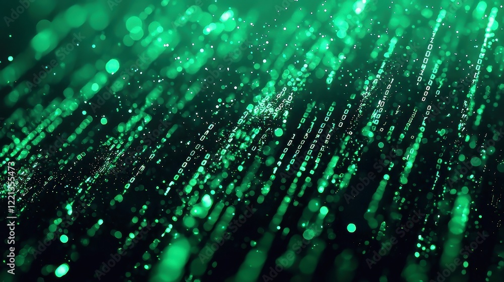 Poster cascading green code matrix, immersive digital environment filled with flowing symbols, creating a v