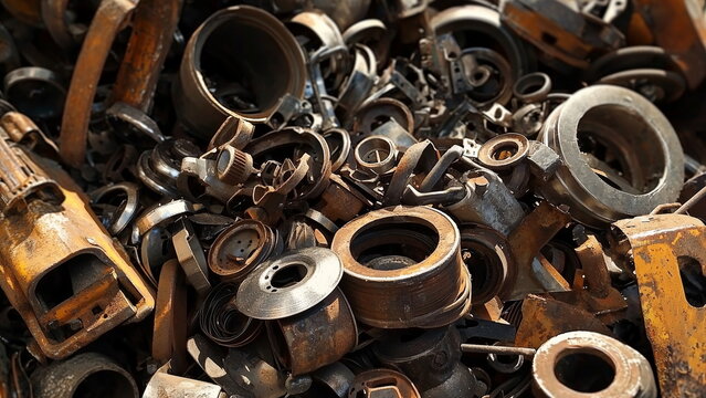 Full image of rusty old scrap metal from parts of machinery and equipment, industrial waste