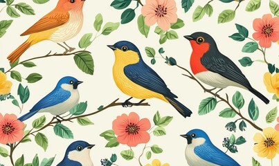 Colorful birds perched on branches surrounded by flowers and leaves, showcasing vibrant plumage and natural beauty
