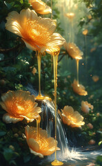 a waterfall with flowers and water flowing down it