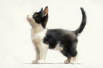 Curious Black and White Kitten Looking Up in Bright Background