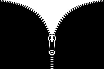 A minimalist graphic of a partially opened zipper, black on white background. Simple lines, bold contrast. Clean vector illustration, suitable for fashion or design contexts.