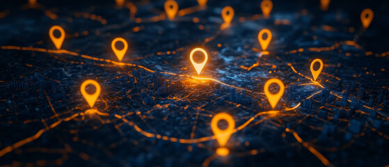 Smart map with glowing location markers highlighting urban areas