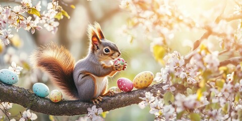 Squirrel holding decorated Easter egg amidst blooming cherry blossoms and colorful eggs on tree branch
