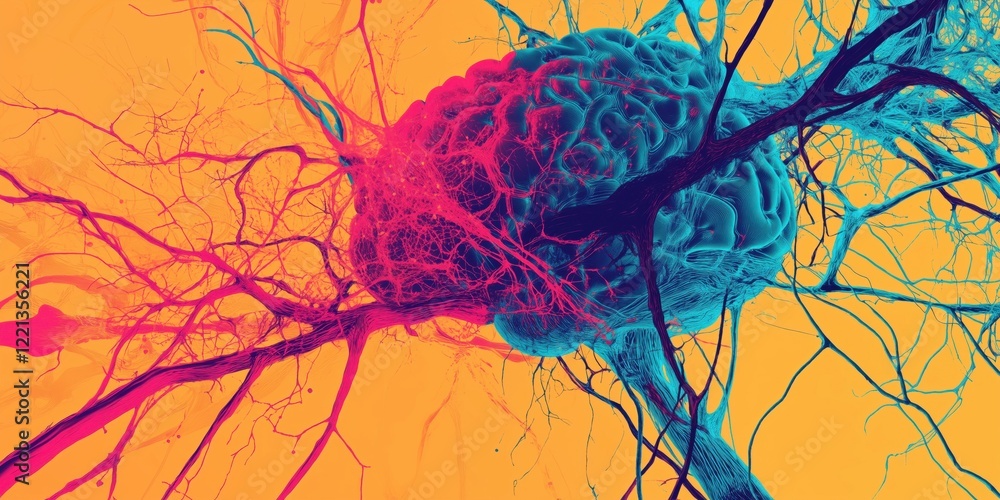 Poster neural connections brain illustration with vibrant colors and abstract design, depicting complex neu