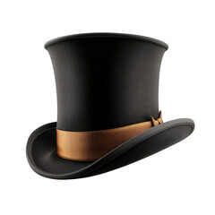Elegant black top hat with a golden band on a transparent background