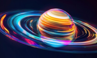 Vibrant Saturn with Colorful Rings in Cosmic Space, Abstract Art Representation of Planetary Motion and Light