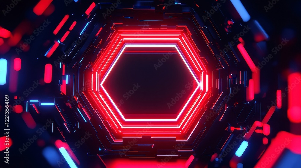 Poster dynamic red and black hexagon motion background, captivating geometric patterns in continuous motion
