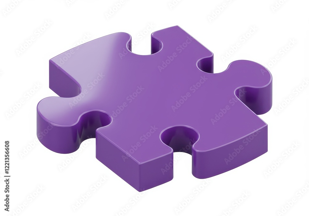 Poster a 3d purple puzzle piece with rounded edges and a smooth glossy surface isolated on white background