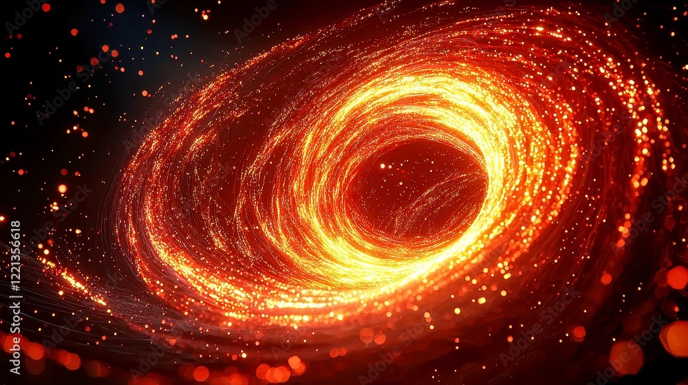 Poster luminous particle swirl animation, vibrant trails of light create intricate patterns, perfect for te