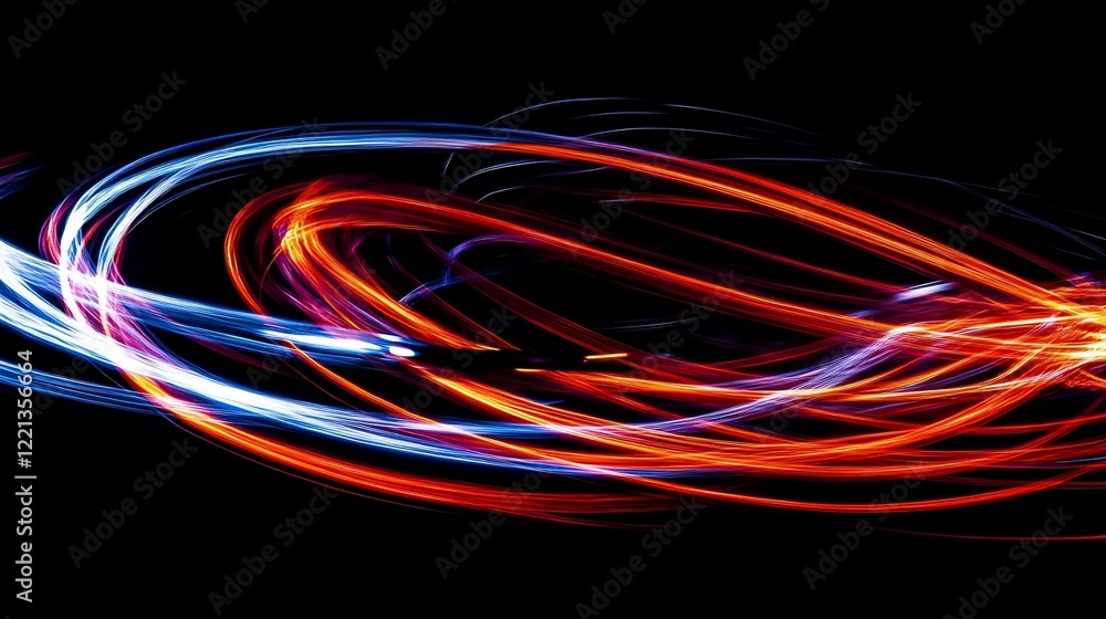Poster abstract swirling light trails of red and blue against a black background creating a dynamic effect