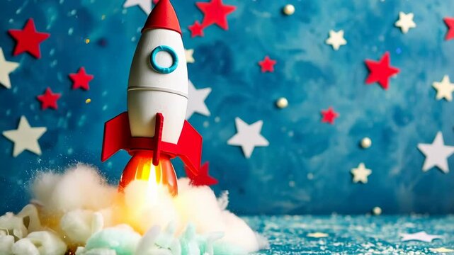 Vibrant, colorful, animated children's birthday card scene featuring playful rocket launching from a cloud, surrounded by stars on a blue background. Boys b-day. Event for kids.