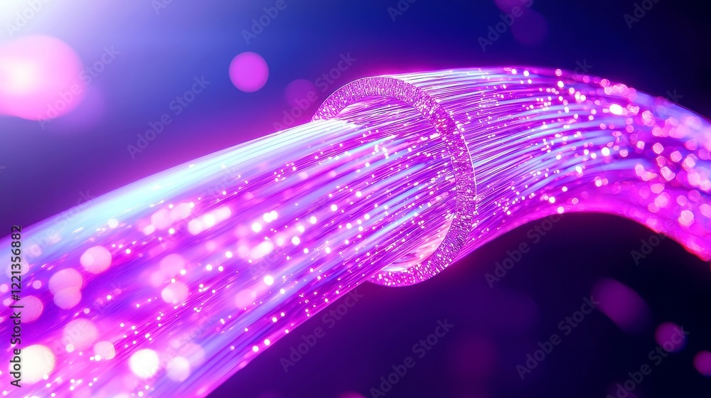 Poster luminous fiber optic motion, glowing threads intertwining dynamically, creating a vibrant futuristic