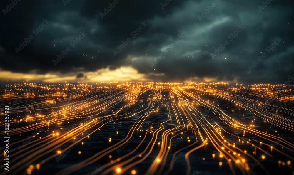 Poster digital landscape with glowing lines and particles representing data flow, illuminated against a dar