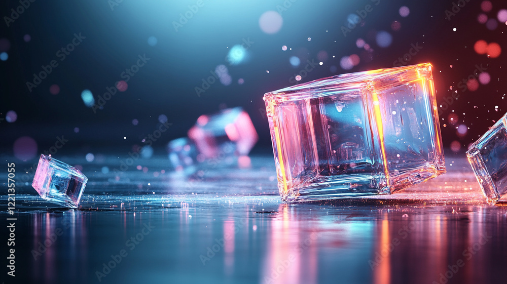 Poster vibrant ice cubes on a reflective surface, illuminated with blue and orange light. water droplets an