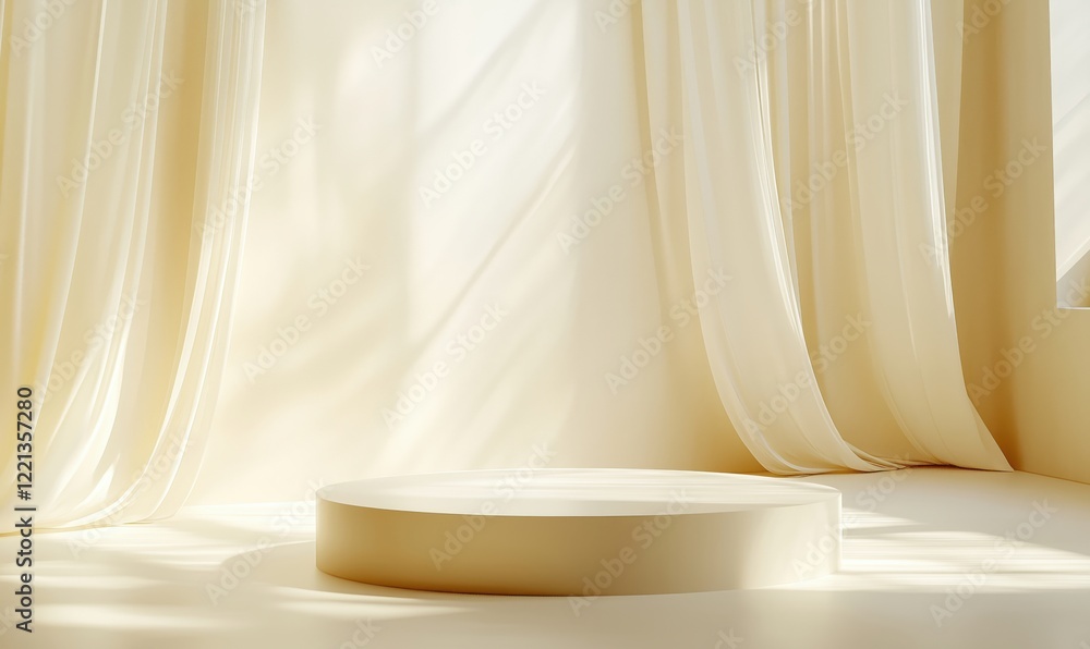 Poster minimalist display platform in soft natural light with flowing curtains and warm tones