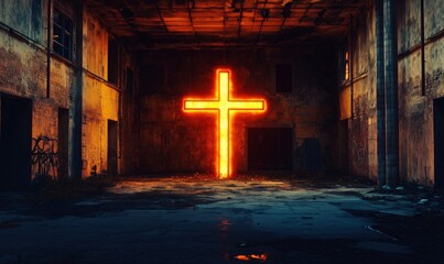 Naklejka premium Illuminated Cross in Abandoned Warehouse, Neon Glow, Urban Decay, Grunge Aesthetic, Spiritual Symbolism, Contrast of Light and Darkness