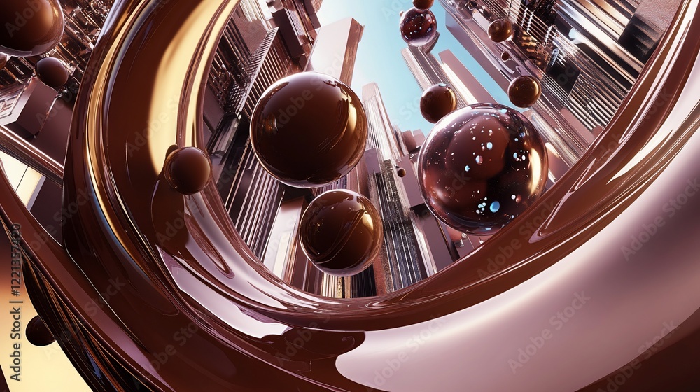 Poster chocolate spheres floating in a metallic structure city, abstract 3d rendering