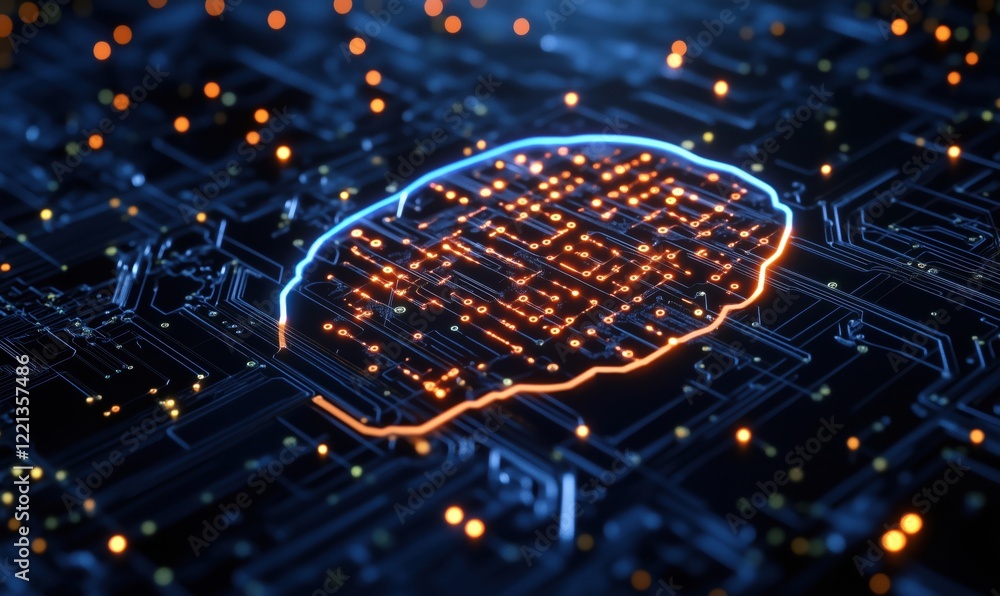 Poster neural network visualization on circuit board with glowing nodes and connections, abstract technolog