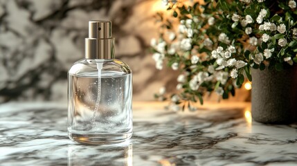 Elegant Glass Bottle on Marble Counter with Floral Accents