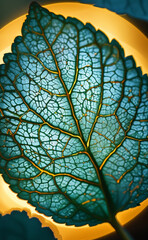 a close up of a leaf with a yellow light