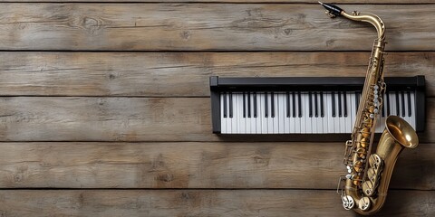 Naklejka premium Saxophone and Keyboard on Rustic Wooden Background