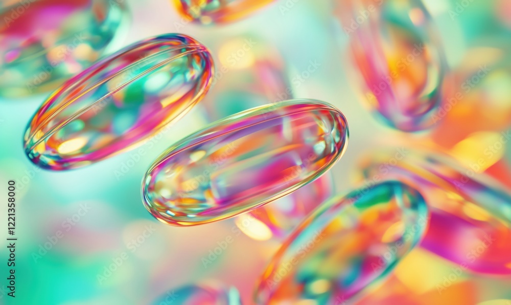 Poster colorful translucent capsules floating in vibrant abstract background, showcasing intricate reflecti