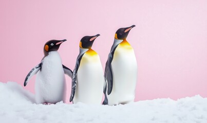 Obraz premium Emperor Penguins Family Portrait on Snowy Background with Pink Hue, Showcasing Adult and Chick Penguins in Playful Stance