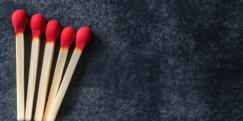 Matches arranged in a row with striking red tips on a dark textured background, showcasing simplicity and elegance
