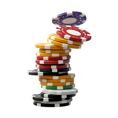 Stacked poker chips in various colors isolated on a transparent background