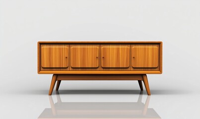 Mid-century modern wooden sideboard with four doors and tapered legs, showcasing rich wood grain and minimalist design