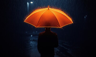 Vibrant orange umbrella against dark rainy backdrop, silhouette of person standing in rain, illuminated by streetlight, moody atmosphere