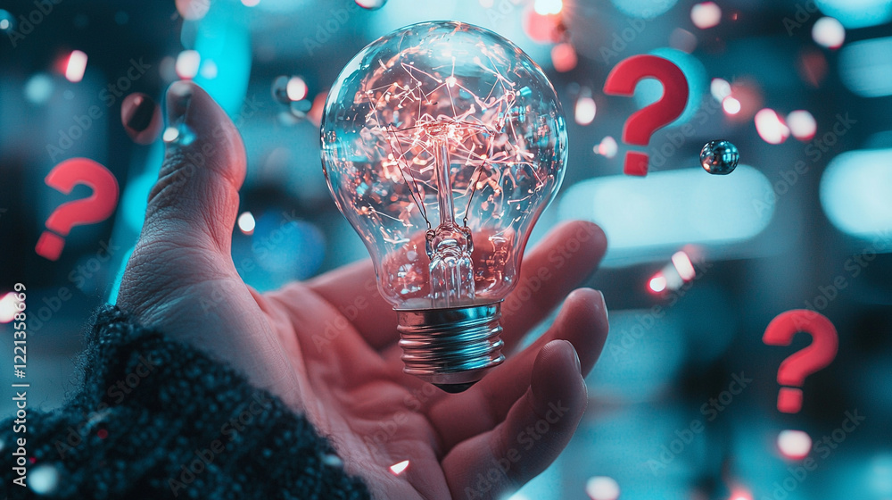 Poster glowing lightbulb held in hand amidst falling question marks and teal bokeh