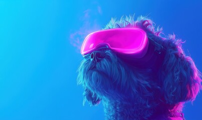 Dog wearing futuristic VR goggles, vibrant neon colors, blue and pink gradient background, showcasing advanced technology and playful pet culture