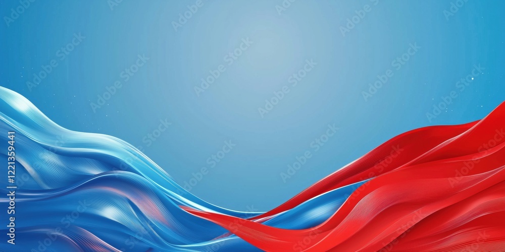 Poster dynamic flowing waves in blue and red against a serene blue background, creating a sense of movement