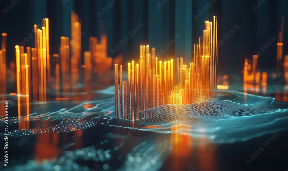 Poster 3d data visualization with glowing orange and blue elements representing complex data patterns and t