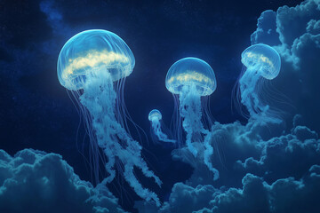 Naklejka premium A Celestial Moon of Ever-Shifting Clouds, Where Colors Flow and Luminous Jellyfish Drift, Casting Ethereal Shadows Across the Sky