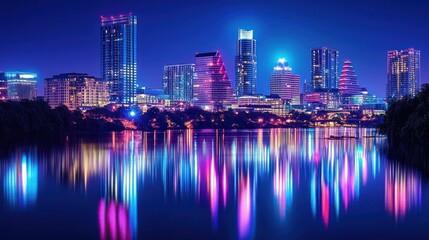 Fototapeta premium Austin Texas Skyline Night Reflection Cityscape