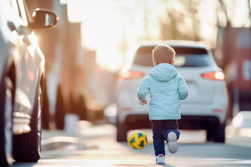 Dangerous game. Little kid running after his ball that rolled into street with moving cars