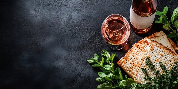 Elegant arrangement of wine, crackers, and fresh herbs on dark background showcasing a sophisticated dining experience