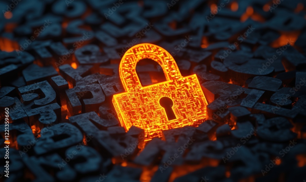 Poster digital security lock glowing amidst dark abstract background of numbers and symbols, representing c