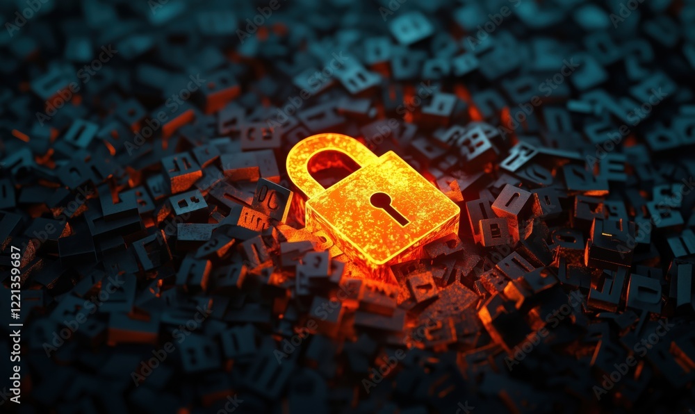 Poster glowing padlock symbolizing security amidst chaotic digital data, representing cybersecurity and dat