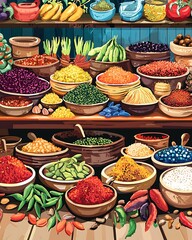 Fototapeta premium A colorful display of spices and vegetables in a market