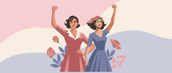 Young women with poppies flowers and raised hands in protest. Postcard for women's day, equality day. Banner, illustration